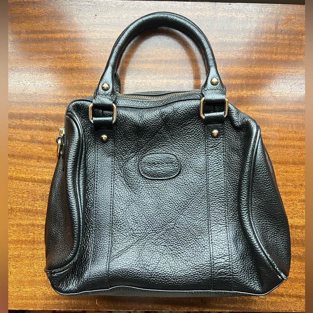 Terzetto Pebbled Black Leather Satchel Double Strap Purse